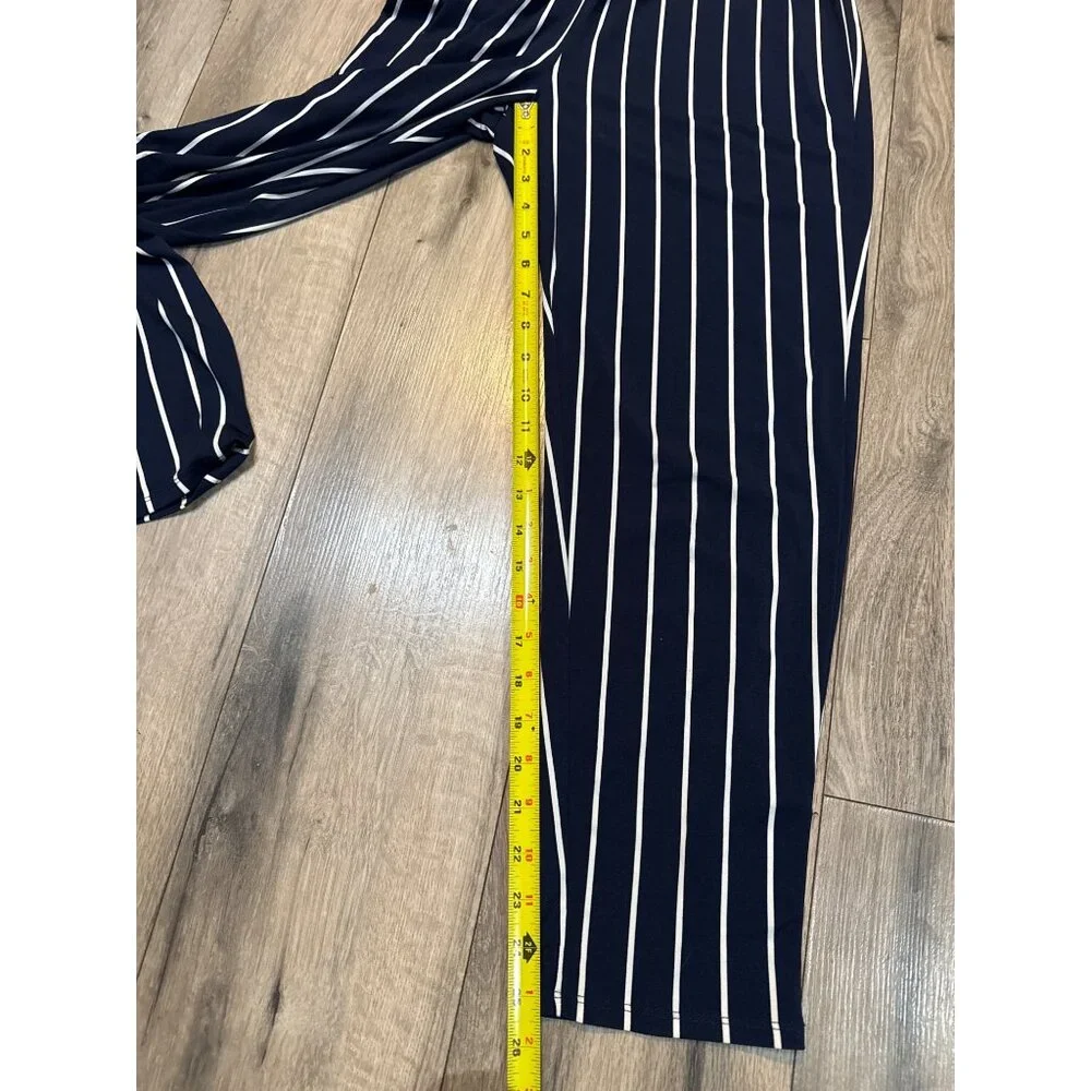 Navy & White Striped Jumpsuit Express XS Short Sleeves V-Neck & Elastic Waist - Picture 4 of 10